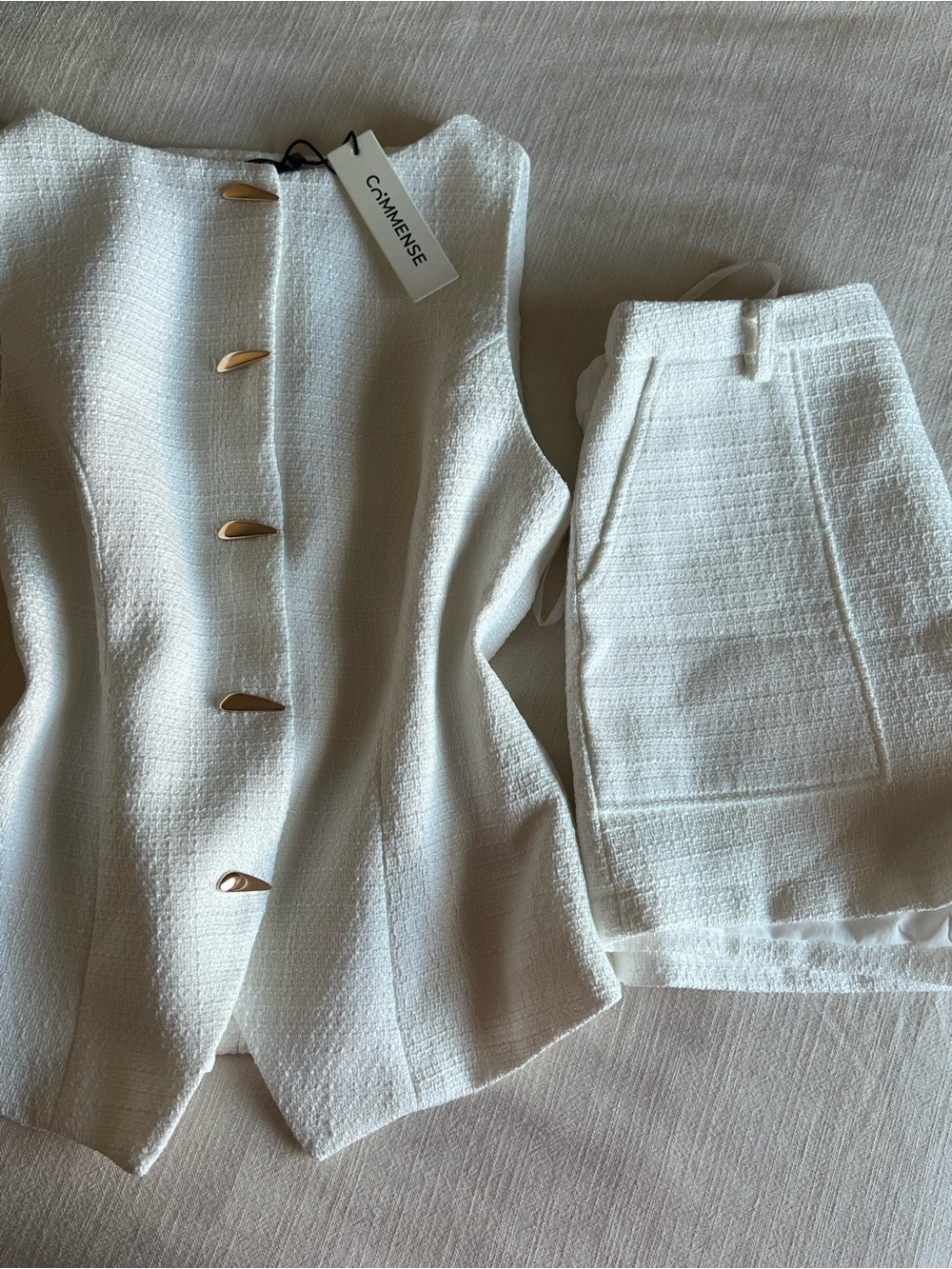 Commense tweed Sleeveless Textured Top with Shorts and Gold Buttons - Picture 4 of 9